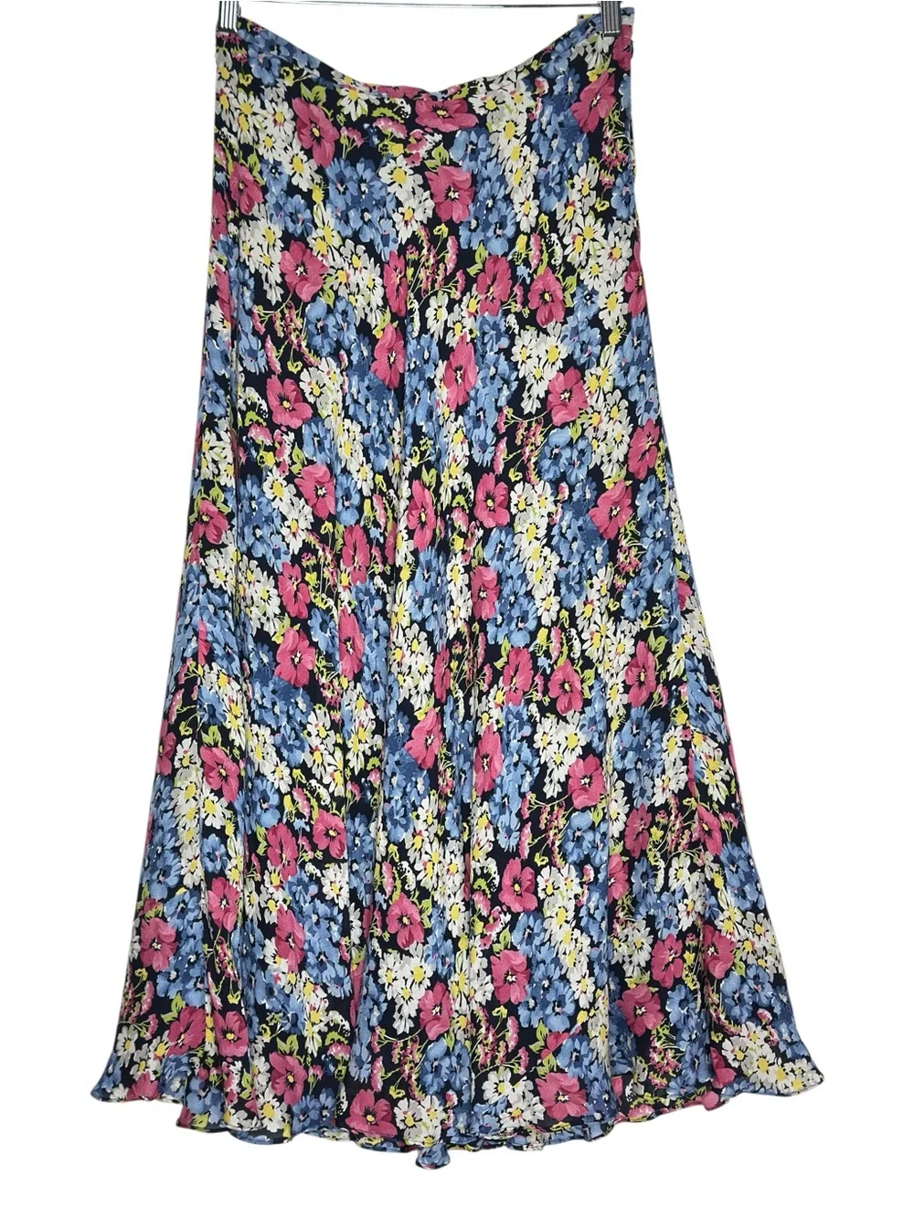 Jones New York Silk Floral A-Line Skirt Size 8 Blue Pink White Midi Lined VTG